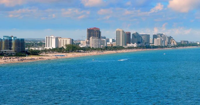 Aerial panorama of Fort Lauderdale ocean beaches, downtown and residential area, Florida, 4K