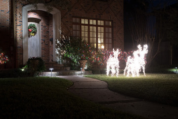 Luminous figures of deer and bushes in garlands of light. Christmas decor.. Winter, Night, Houston, Texas,  United States