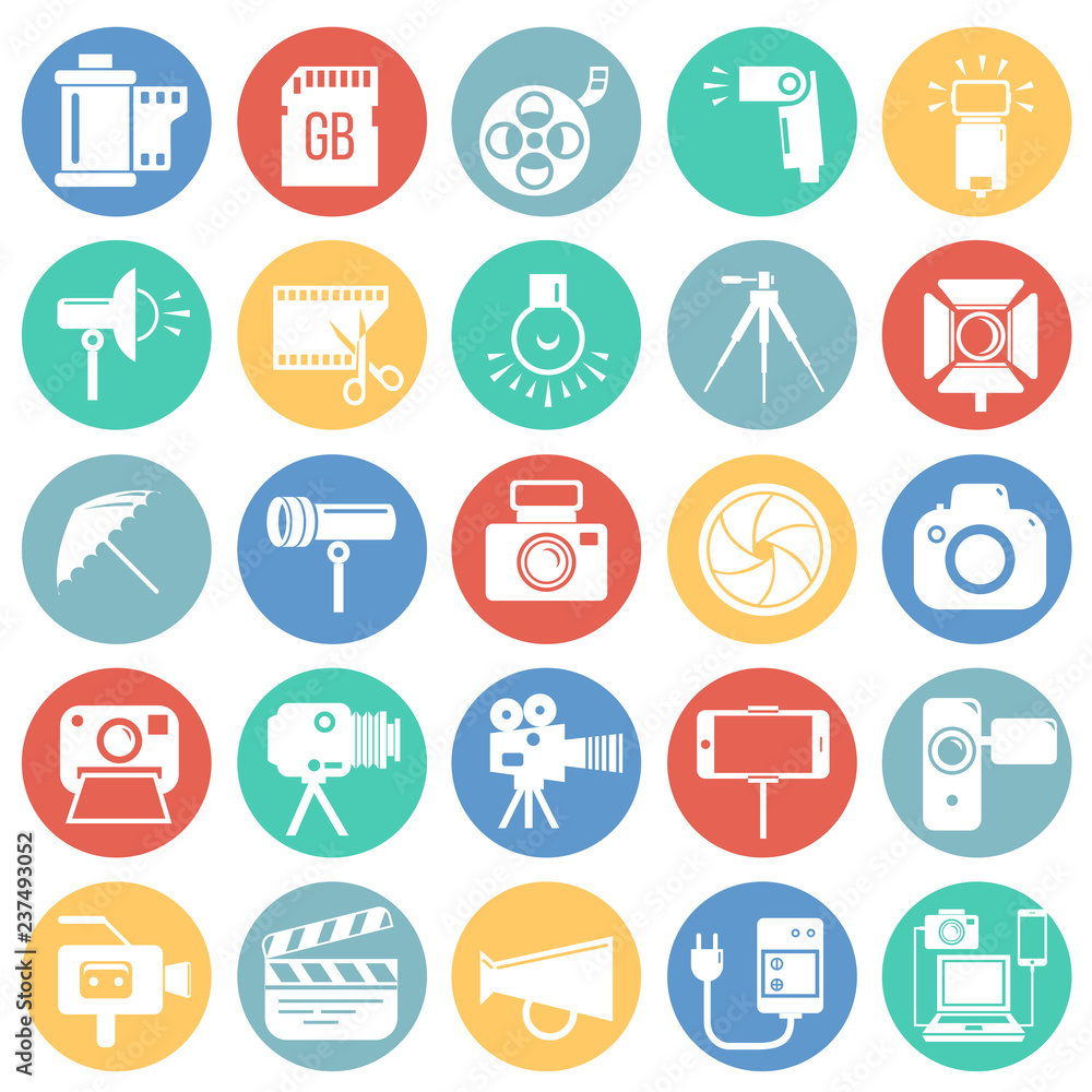 Poster photography and videography icon set on color circles background for graphic and web design, modern 