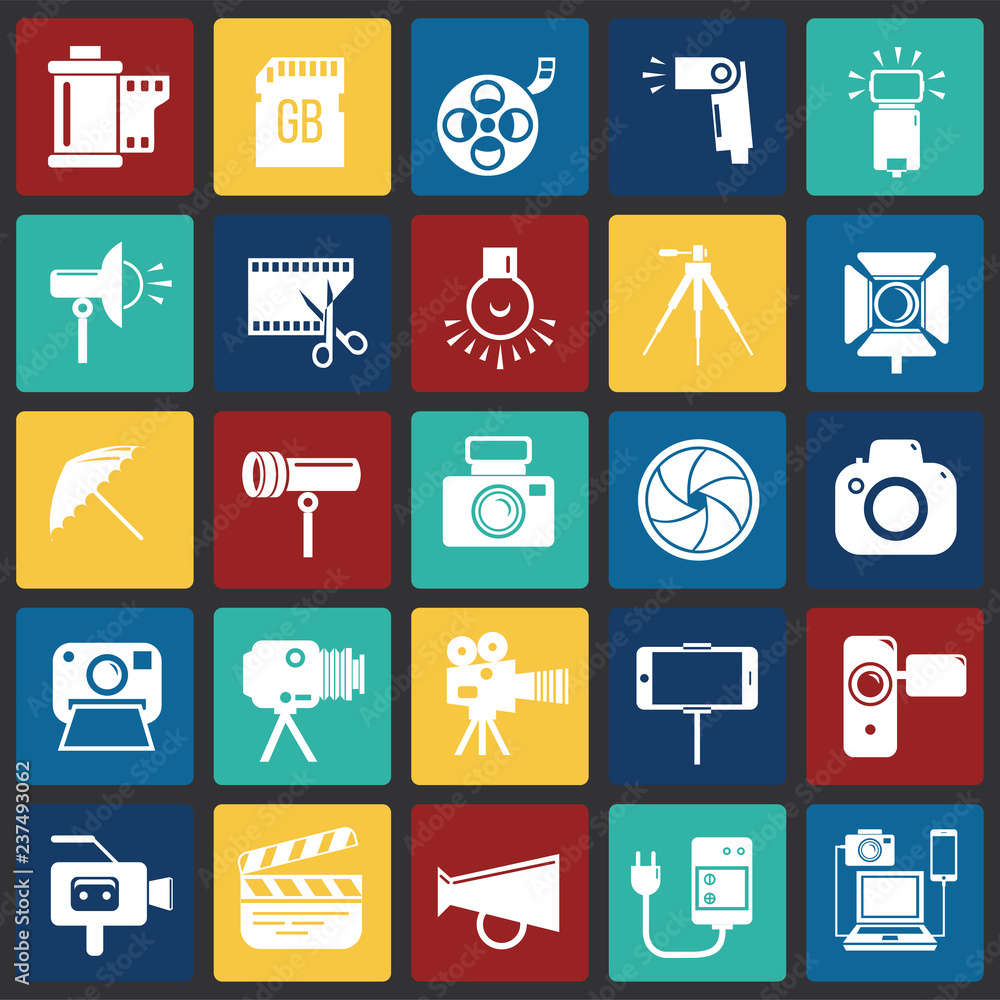 Poster photography and videography icon set on color squares background for graphic and web design, modern 