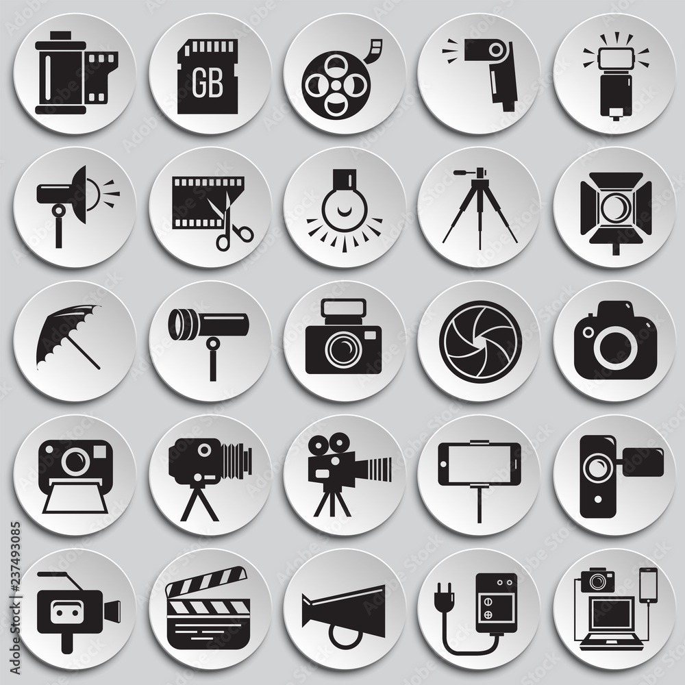 Poster photography and videography icon set on plates background for graphic and web design, modern simple 