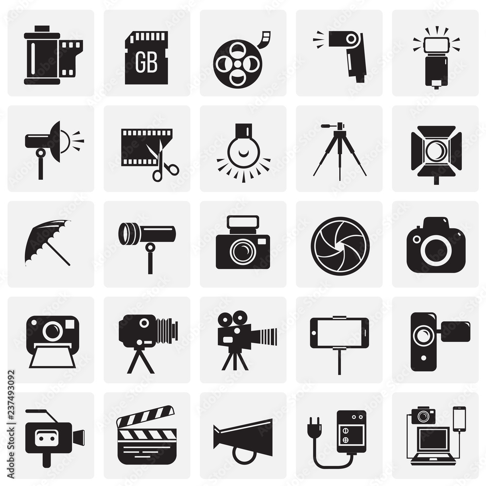 Wall mural Photography and videography icon set on squares background for graphic and web design, Modern simple vector sign. Internet concept. Trendy symbol for website design web button or mobile app