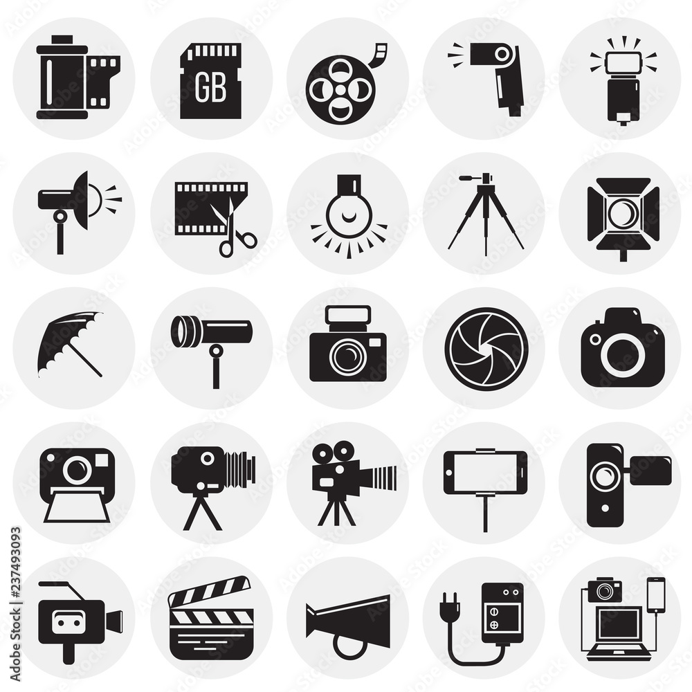 Poster photography and videography icon set on circles background for graphic and web design, modern simple