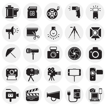 Photography and videography icon set on circles background for graphic and web design, Modern simple vector sign. Internet concept. Trendy symbol for website design web button or mobile app