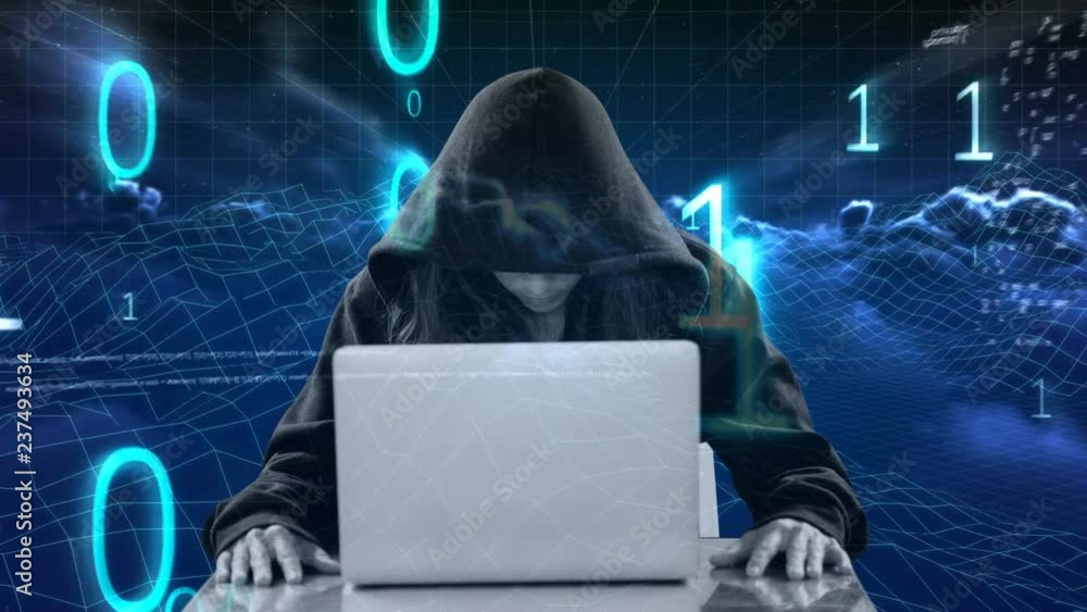 Poster digital animation of hooded hacker using the laptop 4k