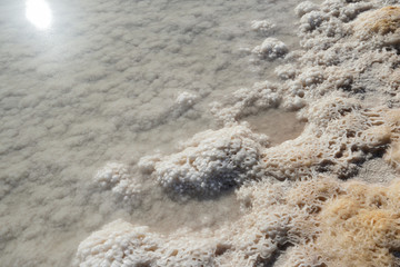 Dead Sea unique salty shore on a clear day close up