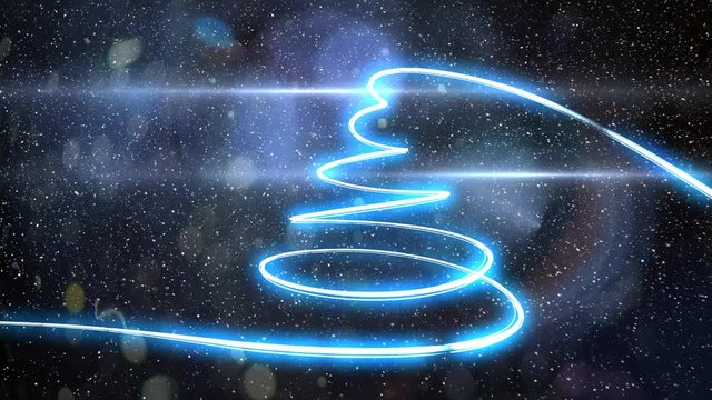 Falling snow with bokeh light Christmas circles and tree