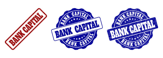 BANK CAPITAL grunge stamp seals in red and blue colors. Vector BANK CAPITAL marks with grunge surface. Graphic elements are rounded rectangles, rosettes, circles and text labels.