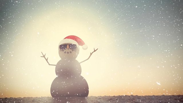 Video composition with snow over  sand man with santas hat on beach