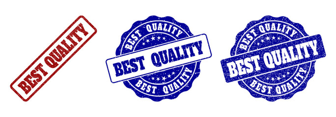 BEST QUALITY scratched stamp seals in red and blue colors. Vector BEST QUALITY signs with dirty texture. Graphic elements are rounded rectangles, rosettes, circles and text captions.