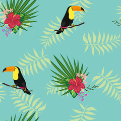 Fototapeta na wymiar Tropical seamless pattern with toucan, flowers and leaves. Beautiful background with tropical leaves and flowers. Birds of the jungle. For covers, paper, wallpaper and fabric.