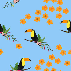 Tropical seamless pattern with toucan, flowers and leaves. Beautiful background with tropical leaves and flowers. Birds of the jungle. For covers, paper, wallpaper and fabric.