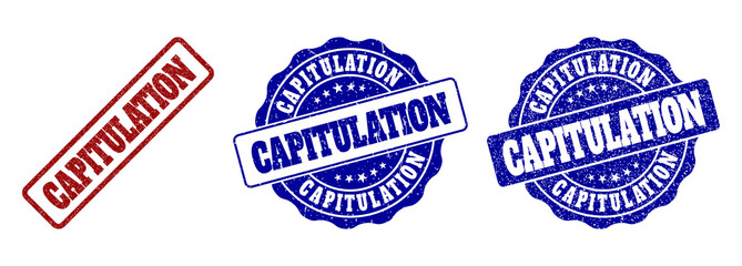 CAPITULATION grunge stamp seals in red and blue colors. Vector CAPITULATION imprints with grunge style. Graphic elements are rounded rectangles, rosettes, circles and text tags.