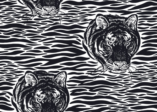 Seamless pattern with Tiger fur stripes and tiger head close-up. Beast style.