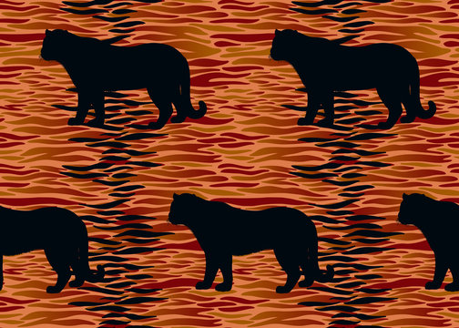 Seamless pattern with Tiger fur stripes and animal silhouettes. Beast style.