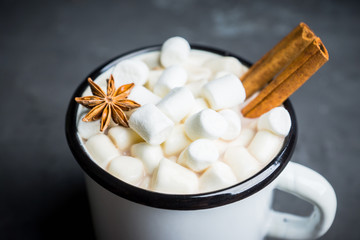 Fototapeta na wymiar Sweet hot chocolate in mug. Christmas drink with marshmallow. Selective focus. Shallow depth of field. 