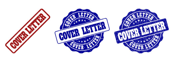 COVER LETTER scratched stamp seals in red and blue colors. Vector COVER LETTER overlays with dirty surface. Graphic elements are rounded rectangles, rosettes, circles and text tags.