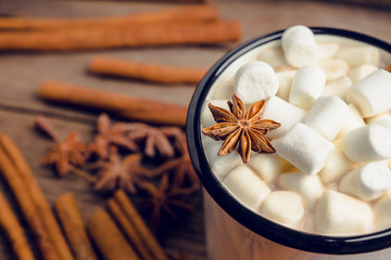 Sweet hot chocolate in mug. Christmas drink with marshmallow. Selective focus. Shallow depth of field. 
