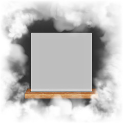 White translucent frame on a wooden shelf in the smoke