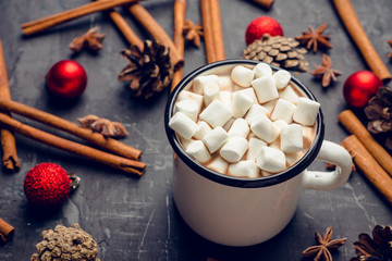 Sweet hot chocolate in mug. Christmas drink with marshmallow. Selective focus. Shallow depth of field. 