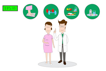 The male doctor stands to explain to women, Precautions to prevent gestational diabetes Inertia. Concept flat style vector medical illustration recommend.-EPS10