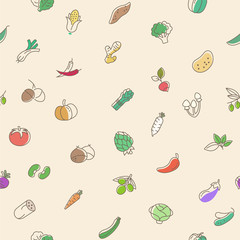 Seamless pattern vegetable vector illustration.cucumber, radish, beets, potato, carrot, mushroom, eggplant, cabbage, pepper, pumpkin, garlic, tomato, corn. Seamless texture.