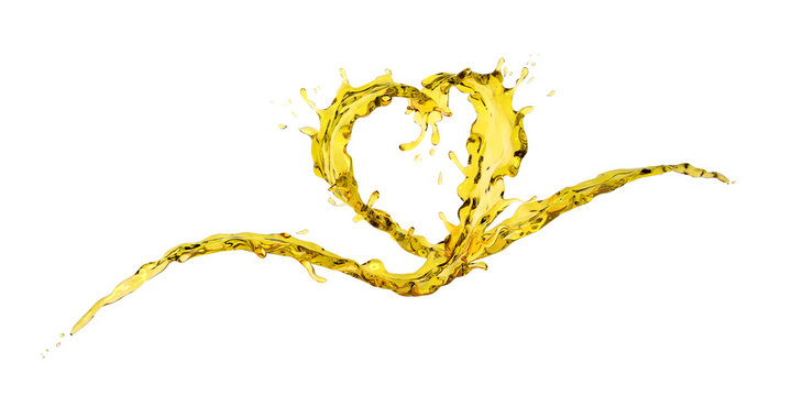 Wave splash of yellow oil in form of heart shape isolated on white background, concept for love or valentine. 3D illustration.