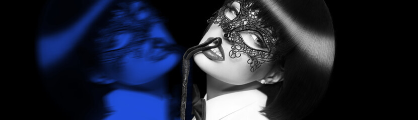 Sexy woman in mask dual personality with blue mirrored image, whip on lips, black and white, bdsm