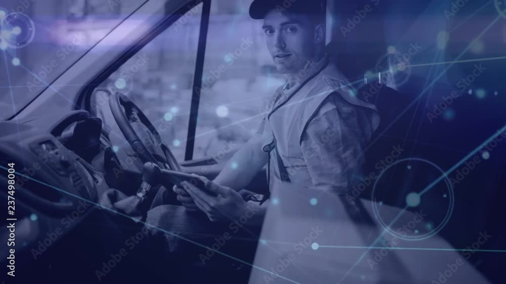 Poster Warehouse Composition of Delivery man in a van combined with animation of connection