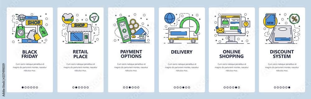 Poster web site onboarding screens. online shopping and black friday sales. menu vector banner template for