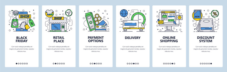 Web site onboarding screens. Online shopping and black friday sales. Menu vector banner template for website and mobile app development. Modern design linear art flat illustration.