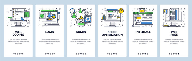 Web site onboarding screens. Coding interface and secure login. Menu vector banner template for website and mobile app development. Modern design linear art flat illustration.