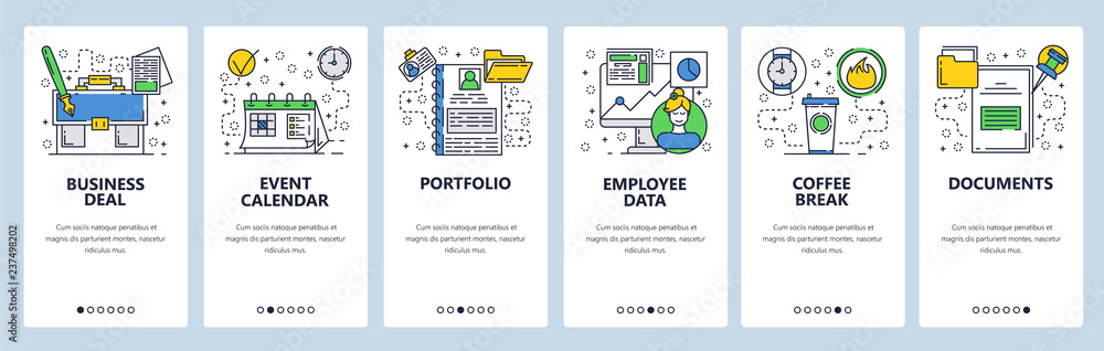 Poster web site onboarding screens. bussiness and office icons set. menu vector banner template for website