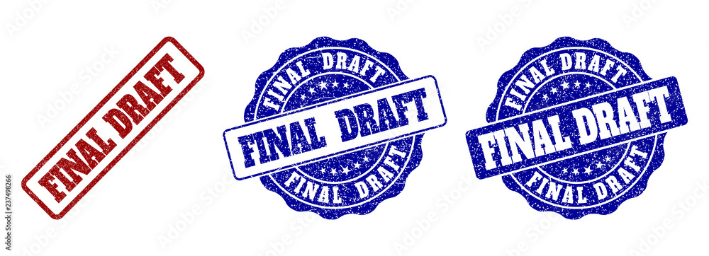 Poster final draft grunge stamp seals in red and blue colors. vector final draft labels with grunge surface