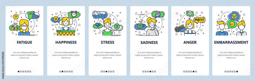Poster web site onboarding screens. human feelings and emotions. menu vector banner template for website an