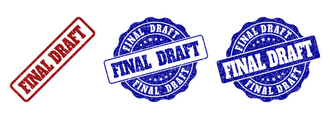 FINAL DRAFT grunge stamp seals in red and blue colors. Vector FINAL DRAFT labels with grunge surface. Graphic elements are rounded rectangles, rosettes, circles and text captions.