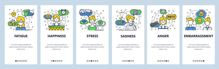 Web site onboarding screens. Human feelings and emotions. Menu vector banner template for website and mobile app development. Modern design linear art flat illustration.
