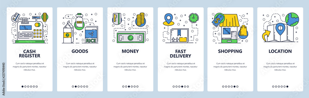 Aufkleber web site onboarding screens. online shopping and money payment. menu vector banner template for webs
