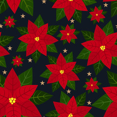 Poinsettia Christmas flowers seamless pattern.