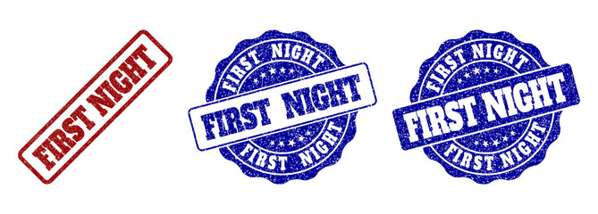 FIRST NIGHT grunge stamp seals in red and blue colors. Vector FIRST NIGHT marks with grunge style. Graphic elements are rounded rectangles, rosettes, circles and text captions.