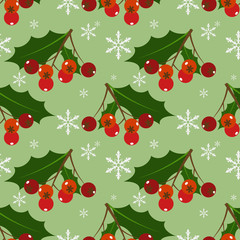 Christmas holly leaves and berries ornate seamless pattern.