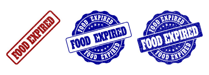FOOD EXPIRED grunge stamp seals in red and blue colors. Vector FOOD EXPIRED overlays with grunge surface. Graphic elements are rounded rectangles, rosettes, circles and text titles.