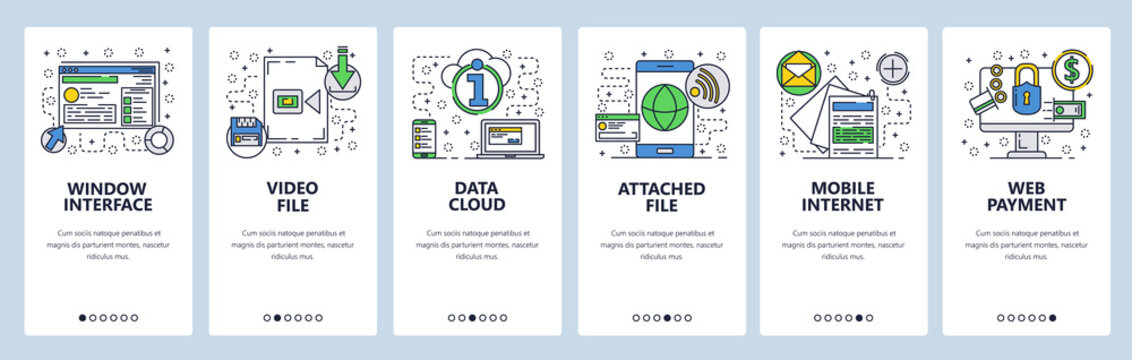 Web site onboarding screens. File transfer and download, mobile internet and secure payment. Menu vector banner template for website and mobile app development. Modern design linear art flat