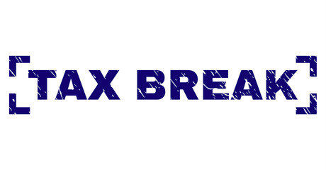 TAX BREAK caption seal print with distress effect. Text label is placed between corners. Blue vector rubber print of TAX BREAK with corroded texture.
