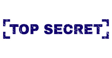 TOP SECRET tag seal print with distress effect. Text tag is placed between corners. Blue vector rubber print of TOP SECRET with corroded texture.