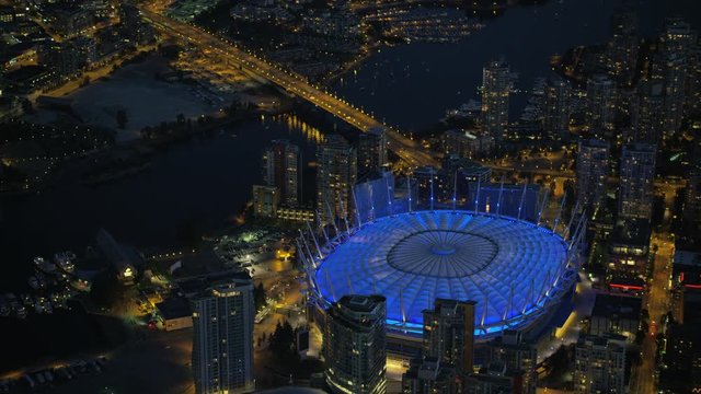Aerial night view BC Place lights Vancouver Canada