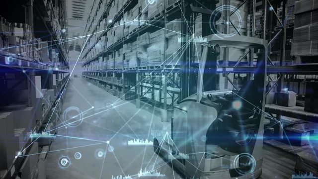 Warehouse Composition Lift truck in the warehouse combined with animation of connected th