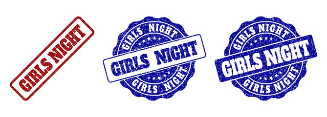 Fototapeta premium GIRLS NIGHT grunge stamp seals in red and blue colors. Vector GIRLS NIGHT marks with draft style. Graphic elements are rounded rectangles, rosettes, circles and text captions.