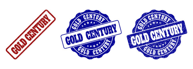 GOLD CENTURY scratched stamp seals in red and blue colors. Vector GOLD CENTURY labels with grainy effect. Graphic elements are rounded rectangles, rosettes, circles and text labels.