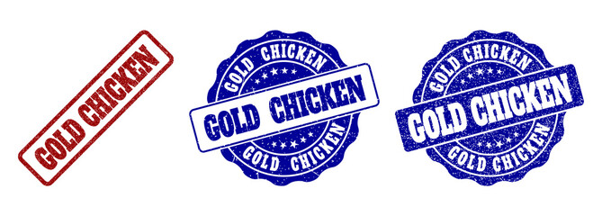 Obraz premium GOLD CHICKEN scratched stamp seals in red and blue colors. Vector GOLD CHICKEN marks with grainy surface. Graphic elements are rounded rectangles, rosettes, circles and text titles.